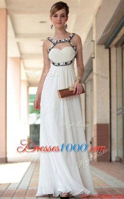 Dynamic Sleeveless Chiffon Floor Length Side Zipper Prom Dress in White for with Beading and Ruching