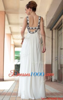 Dynamic Sleeveless Chiffon Floor Length Side Zipper Prom Dress in White for with Beading and Ruching