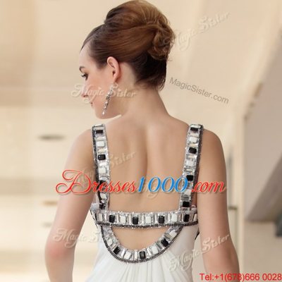 Dynamic Sleeveless Chiffon Floor Length Side Zipper Prom Dress in White for with Beading and Ruching
