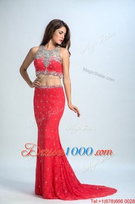 Elegant Coral Red Mermaid Chiffon Scoop Sleeveless Beading With Train Zipper Prom Party Dress Brush Train
