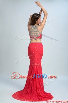 Elegant Coral Red Mermaid Chiffon Scoop Sleeveless Beading With Train Zipper Prom Party Dress Brush Train