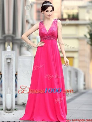 Charming V-neck Sleeveless Prom Dresses With Brush Train Beading and Sequins Hot Pink Chiffon