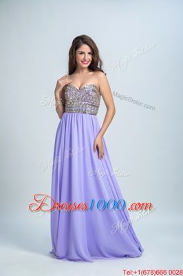 Lavender Sleeveless With Train Beading Zipper Prom Dresses
