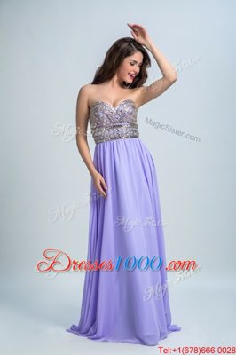 Lavender Sleeveless With Train Beading Zipper Prom Dresses