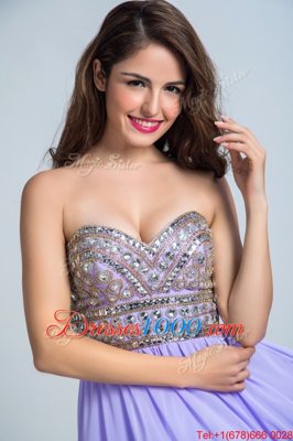 Lavender Sleeveless With Train Beading Zipper Prom Dresses