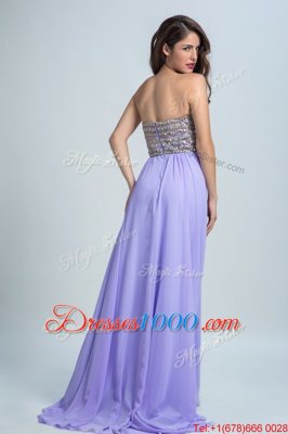 Lavender Sleeveless With Train Beading Zipper Prom Dresses