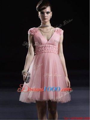 Baby Pink Zipper Prom Evening Gown Appliques Sleeveless Knee Length