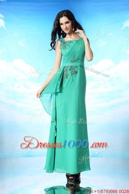 Sleeveless Floor Length Beading and Appliques Zipper Prom Party Dress with Green