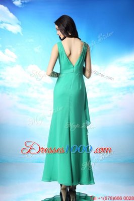 Sleeveless Floor Length Beading and Appliques Zipper Prom Party Dress with Green