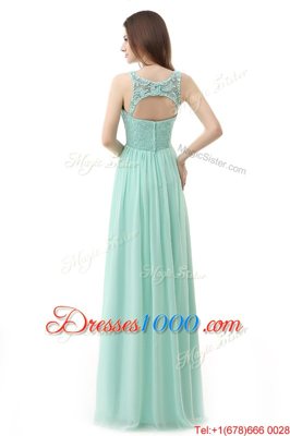 Apple Green Chiffon and Tulle Zipper Scoop Sleeveless Floor Length Prom Dress Ruffles