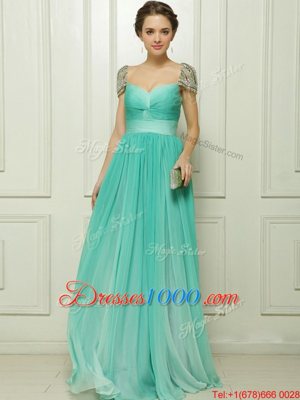 Most Popular Turquoise Cap Sleeves Beading and Ruching Zipper Dress for Prom