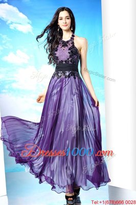 Custom Made Purple Column/Sheath Chiffon Halter Top Sleeveless Lace Floor Length Zipper Evening Dress
