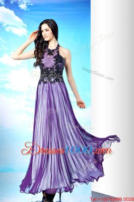 Custom Made Purple Column/Sheath Chiffon Halter Top Sleeveless Lace Floor Length Zipper Evening Dress