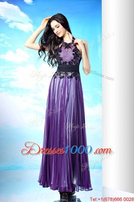 Custom Made Purple Column/Sheath Chiffon Halter Top Sleeveless Lace Floor Length Zipper Evening Dress