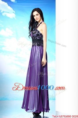 Custom Made Purple Column/Sheath Chiffon Halter Top Sleeveless Lace Floor Length Zipper Evening Dress