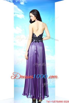 Custom Made Purple Column/Sheath Chiffon Halter Top Sleeveless Lace Floor Length Zipper Evening Dress