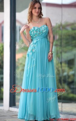 Free and Easy Aqua Blue Chiffon Zipper Sweetheart Sleeveless Floor Length Homecoming Dress Online Beading and Hand Made Flower