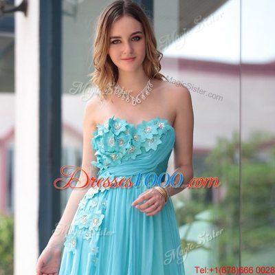 Free and Easy Aqua Blue Chiffon Zipper Sweetheart Sleeveless Floor Length Homecoming Dress Online Beading and Hand Made Flower