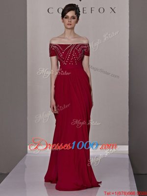 Red Column/Sheath Chiffon Off The Shoulder Short Sleeves Beading and Ruching Floor Length Zipper Homecoming Dress