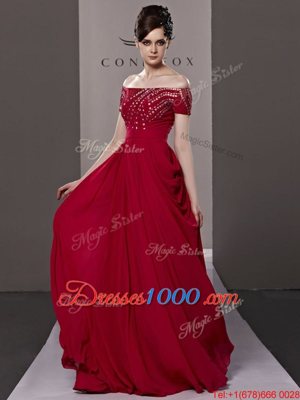 Red Column/Sheath Chiffon Off The Shoulder Short Sleeves Beading and Ruching Floor Length Zipper Homecoming Dress