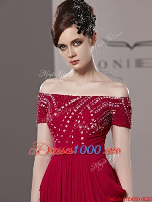 Red Column/Sheath Chiffon Off The Shoulder Short Sleeves Beading and Ruching Floor Length Zipper Homecoming Dress