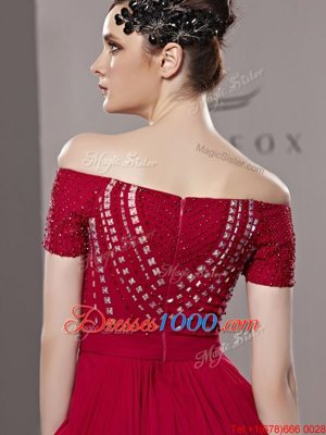 Red Column/Sheath Chiffon Off The Shoulder Short Sleeves Beading and Ruching Floor Length Zipper Homecoming Dress