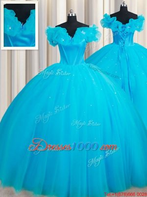 Enchanting Off The Shoulder Sleeveless 15th Birthday Dress Court Train Hand Made Flower Baby Blue Tulle