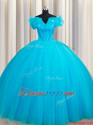 Enchanting Off The Shoulder Sleeveless 15th Birthday Dress Court Train Hand Made Flower Baby Blue Tulle