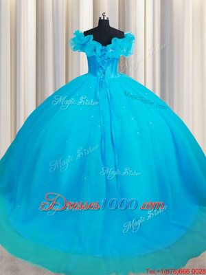 Enchanting Off The Shoulder Sleeveless 15th Birthday Dress Court Train Hand Made Flower Baby Blue Tulle