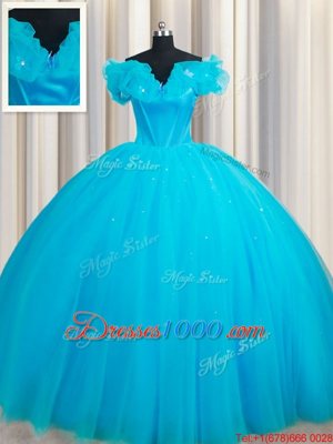 Enchanting Off The Shoulder Sleeveless 15th Birthday Dress Court Train Hand Made Flower Baby Blue Tulle