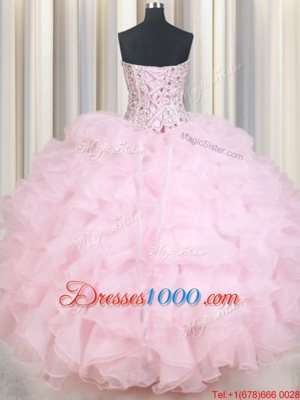 Affordable Sweetheart Sleeveless Lace Up Sweet 16 Dress Baby Pink Organza