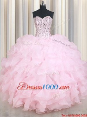 Affordable Sweetheart Sleeveless Lace Up Sweet 16 Dress Baby Pink Organza