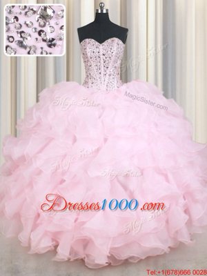 Affordable Sweetheart Sleeveless Lace Up Sweet 16 Dress Baby Pink Organza