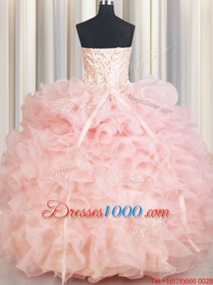 Sweetheart Sleeveless Lace Up Vestidos de Quinceanera Baby Pink Organza