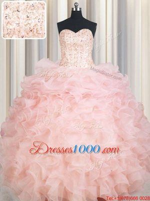 Sweetheart Sleeveless Lace Up Vestidos de Quinceanera Baby Pink Organza