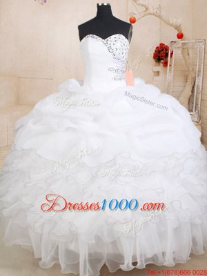 Pretty White Organza Zipper Sweetheart Sleeveless Floor Length 15 Quinceanera Dress Beading and Ruffles and Pick Ups