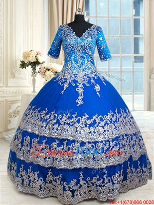 Glorious Royal Blue V-neck Neckline Beading and Lace and Ruffled Layers Sweet 16 Quinceanera Dress Half Sleeves Zipper