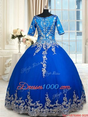 Glorious Royal Blue V-neck Neckline Beading and Lace and Ruffled Layers Sweet 16 Quinceanera Dress Half Sleeves Zipper