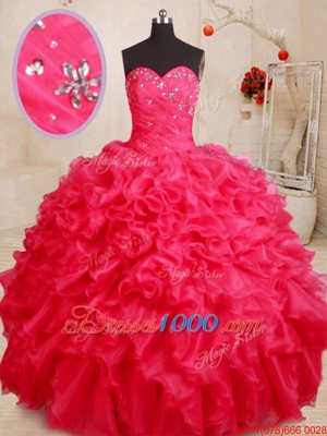 Custom Designed Beading and Ruffles Quinceanera Gowns Coral Red Lace Up Sleeveless Floor Length