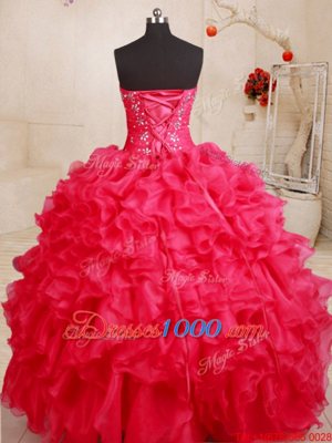 Custom Designed Beading and Ruffles Quinceanera Gowns Coral Red Lace Up Sleeveless Floor Length