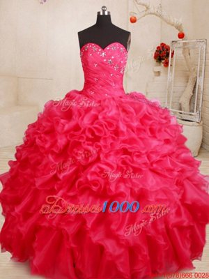 Custom Designed Beading and Ruffles Quinceanera Gowns Coral Red Lace Up Sleeveless Floor Length