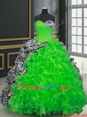 Printed Beading and Ruffles and Pick Ups Vestidos de Quinceanera Lace Up Sleeveless Brush Train