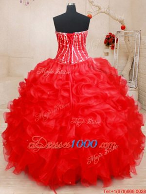 Floor Length Lace Up Quinceanera Dress Red and In for Military Ball and Sweet 16 and Quinceanera with Beading and Ruffles
