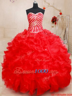 Floor Length Lace Up Quinceanera Dress Red and In for Military Ball and Sweet 16 and Quinceanera with Beading and Ruffles