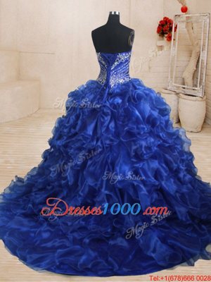 Great Sweetheart Sleeveless Organza 15th Birthday Dress Beading and Ruffles Brush Train Lace Up