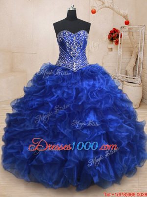 Great Sweetheart Sleeveless Organza 15th Birthday Dress Beading and Ruffles Brush Train Lace Up