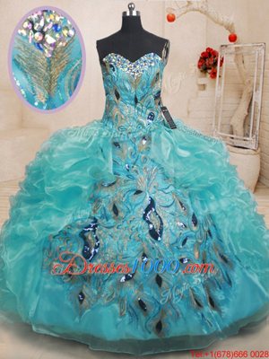 Dynamic Teal Ball Gowns Organza Sweetheart Sleeveless Beading and Embroidery and Ruffles Floor Length Zipper Quince Ball Gowns
