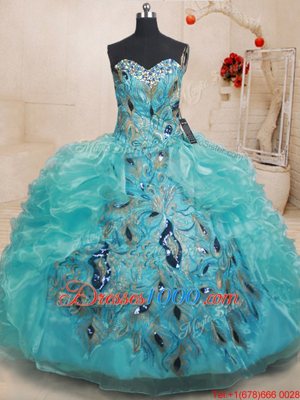 Dynamic Teal Ball Gowns Organza Sweetheart Sleeveless Beading and Embroidery and Ruffles Floor Length Zipper Quince Ball Gowns