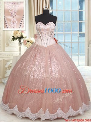 Peach Sweetheart Lace Up Beading and Lace and Bowknot Quinceanera Gowns Sleeveless