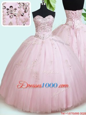 Baby Pink Quinceanera Dress Military Ball and Sweet 16 and Quinceanera and For with Beading Sweetheart Sleeveless Lace Up